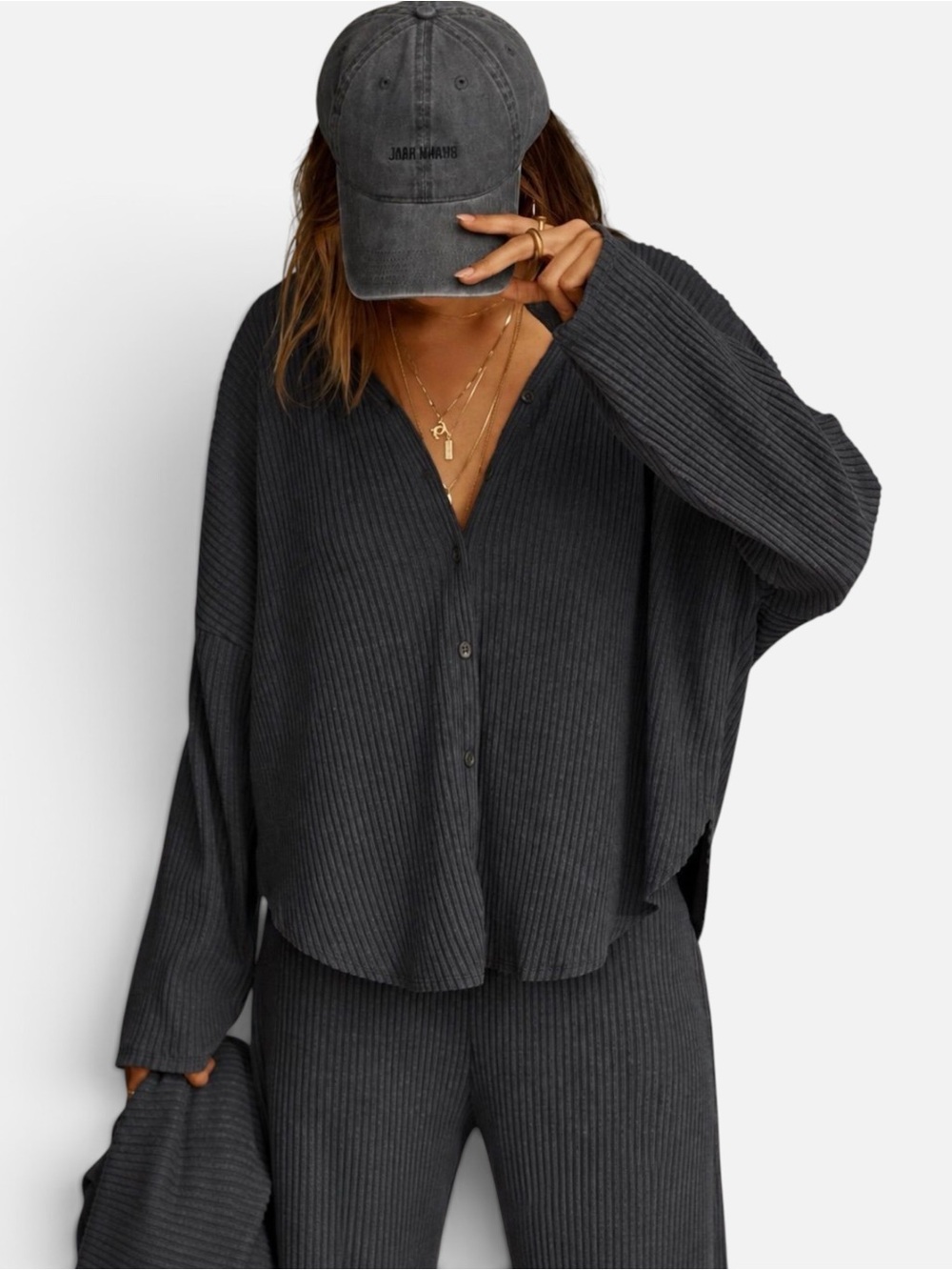 Joah Brown V-Neck Relaxed Fit Ribbed Knit Cardigan Charcoal Gray Size Medium - Picture 3 of 10